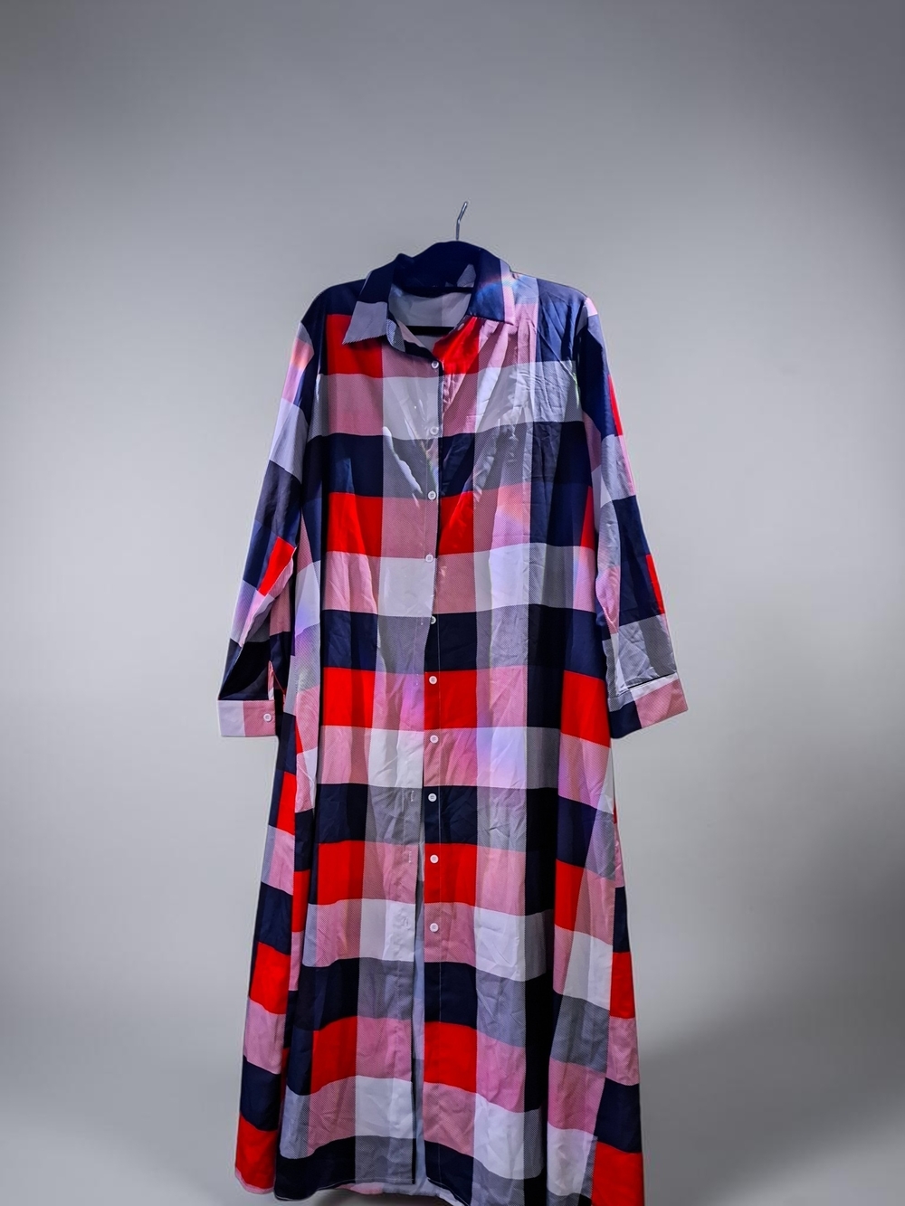 Long Checked Button-Up Shirt Dress in Red, White & Black